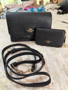 Coach Foldover Women's Bag, in Signature Canvas with matching wallet. Black